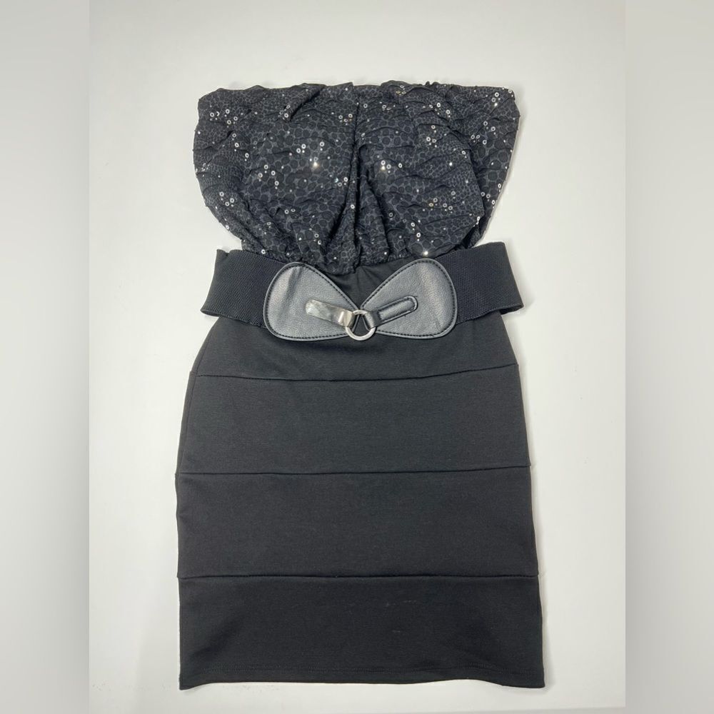 Cefiana BELTED A LINE Black Sequin Mini Dress Size M